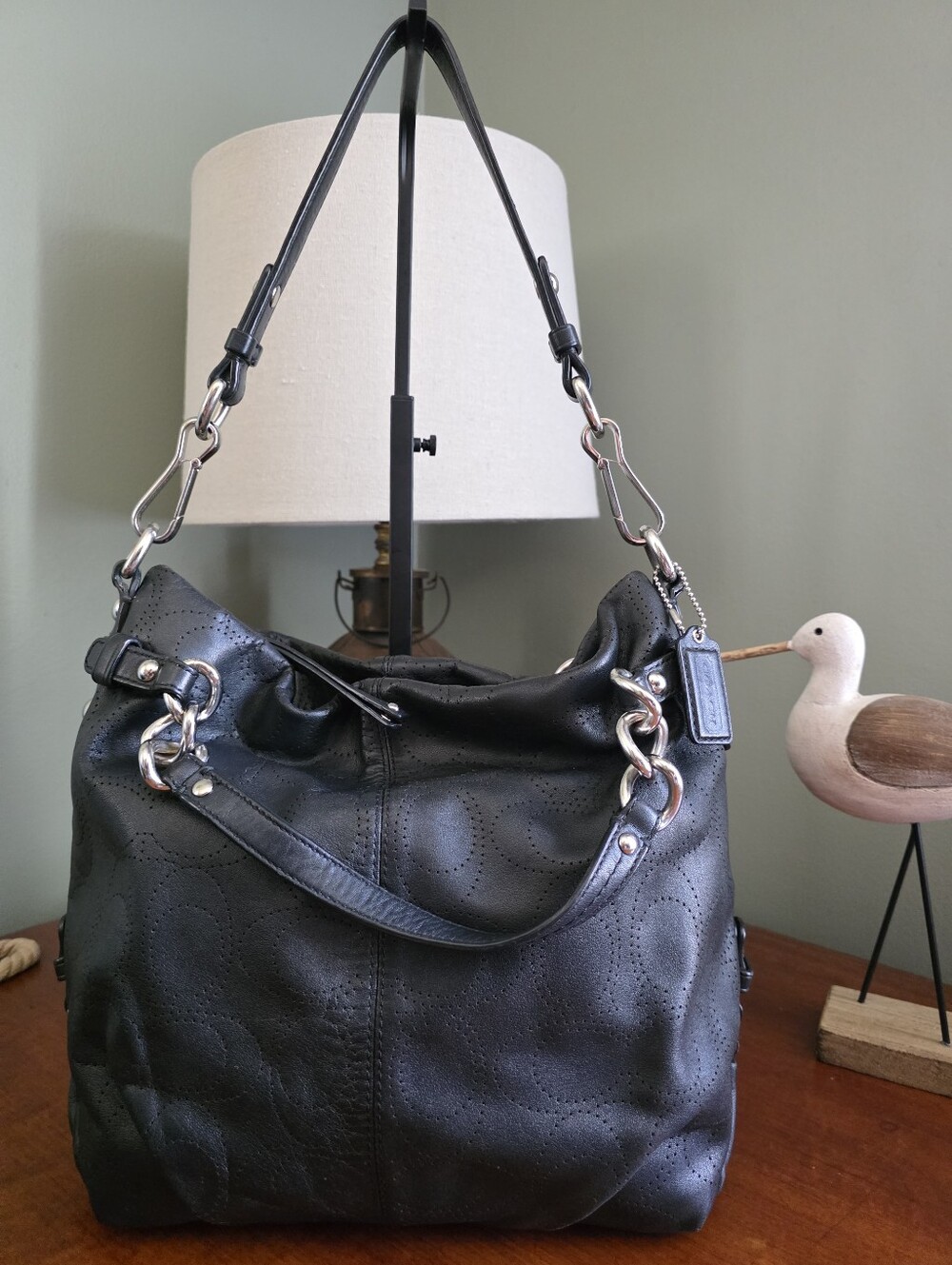Coach Brooke F16908 Convertible Duffle Black Perforated Leather Shoulder Bag